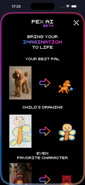 Pex AI turning a real dog photo and a child's drawing into pixel pets