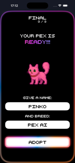 A finished pixel-art pet named Pinko ready to be adopted