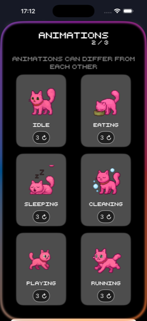 Grid of Pex animations: idle, eating, sleeping, cleaning, playing, running